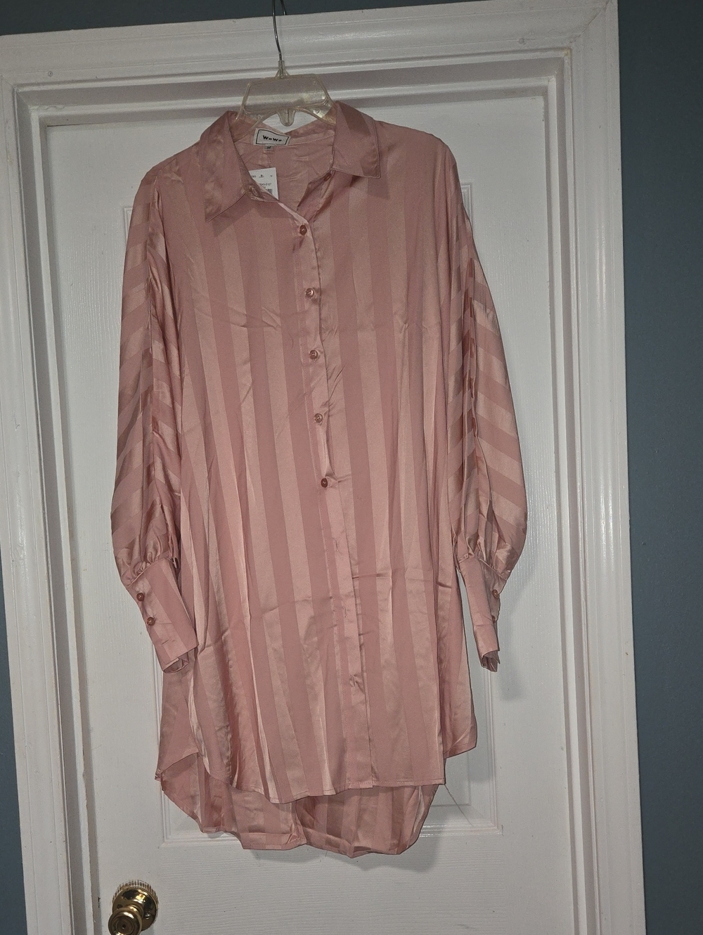Satin Stripe Long-Sleeve Chemise in Blush Pink